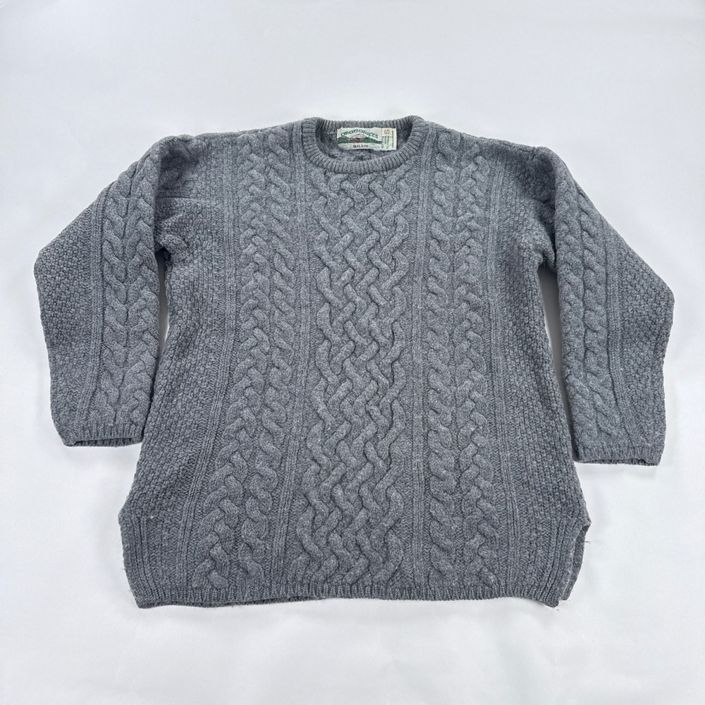 Aran Crafts Unisex Sweater S Gray Merino Cashmere Cable Knit Crewneck Fisherman